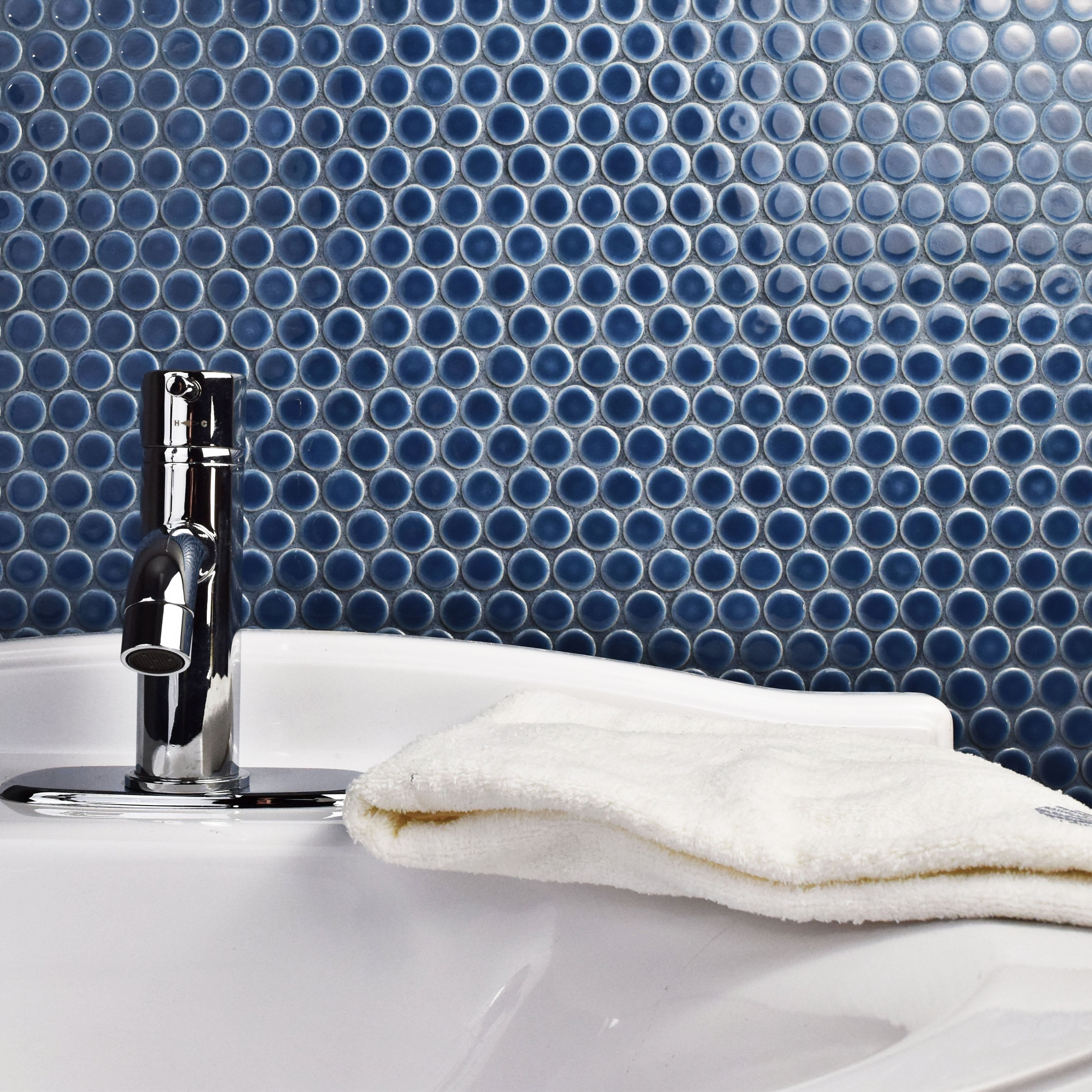 Shower with White Penny Tiles and White Grout - Transitional