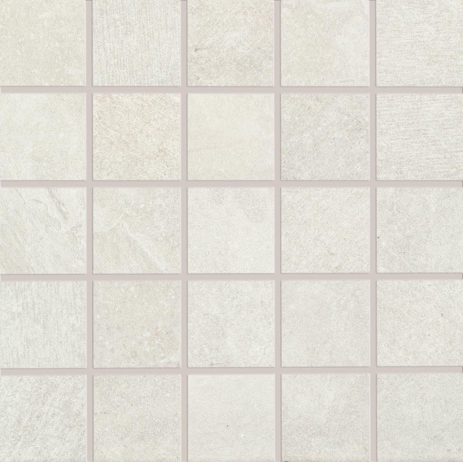 The Revolve 2x2 Mosaic Porcelain Tile features light beige squares with subtle texture variations and thin grout lines, creating a clean, minimalist mosaic pattern ideal for decorative wall installations.