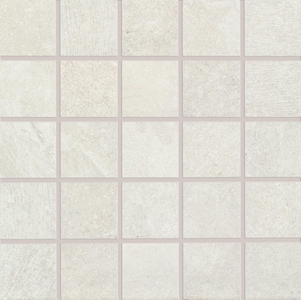The Revolve 2x2 Mosaic Porcelain Tile features light beige squares with subtle texture variations and thin grout lines, creating a clean, minimalist mosaic pattern ideal for decorative wall installations.