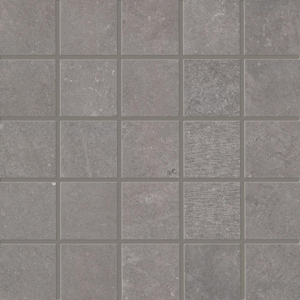 A grid of square Revolve 2x2 Mosaic Porcelain Tiles features gray stone-like texture, subtle color variation, and thin grout lines for a uniform tiled look.