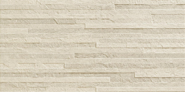 Revolve 12x24 Muretto Porcelain Tile features textured beige horizontal, staggered rectangular panels of varying lengths with a layered, contemporary look and a subtle natural stone finish.