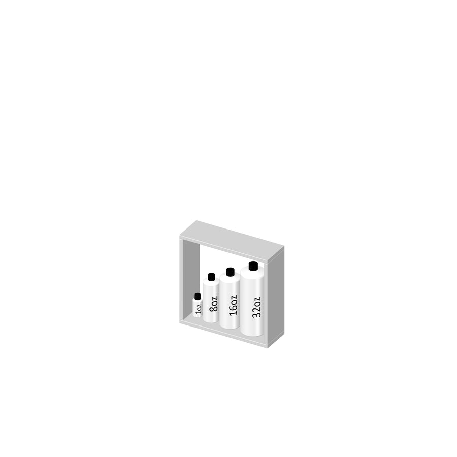 An illustration of four bottles labeled 5 oz, 8 oz, 16 oz, and 32 oz, arranged in ascending order of size on a rectangular shelf.