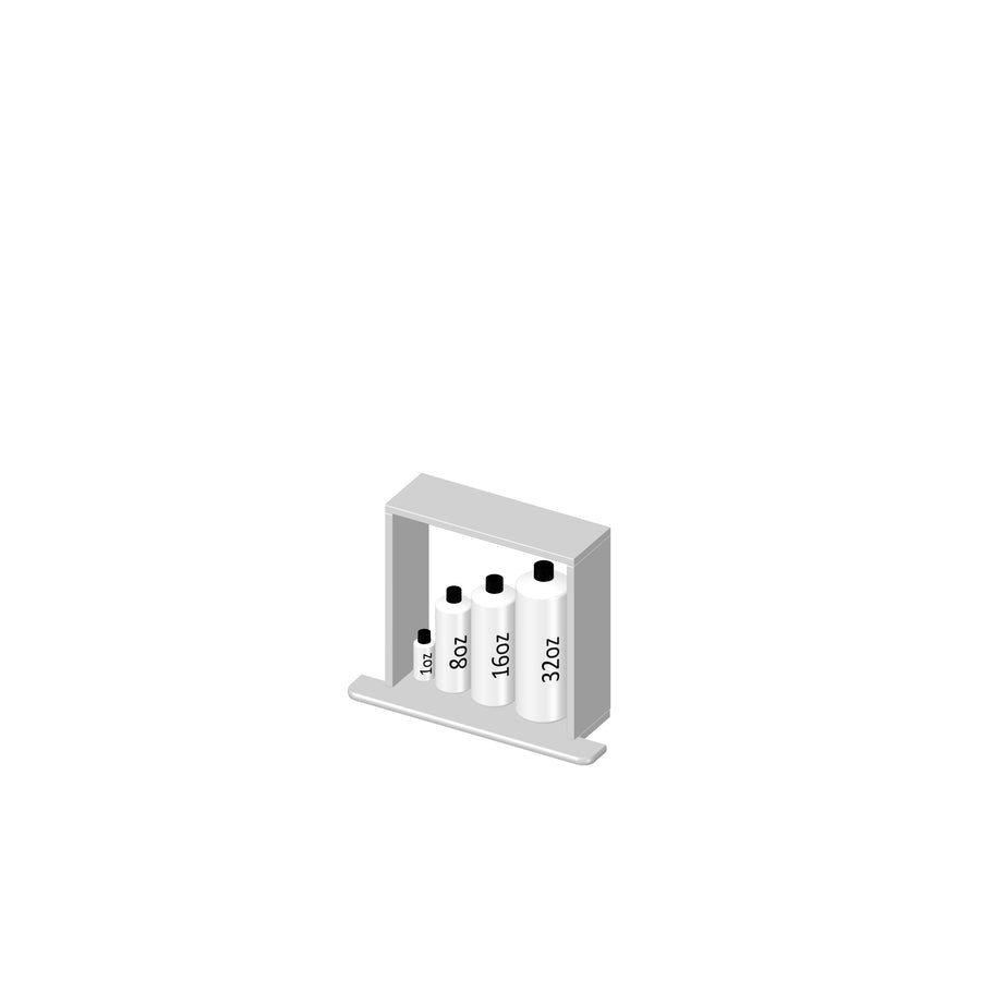 A gray wall-mounted shelf holding four white bottles labeled 8 oz, 16 oz, 24 oz, and 32 oz, arranged in order from left to right. The shelf and bottles are centered on a white background.