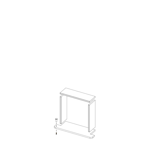 Line drawing of a partially assembled Boundless 12x12 Niche shower organizer with a rectangular base, two side panels, top panel, pre-cut finishing pieces, and a screw being inserted into the bottom left corner.