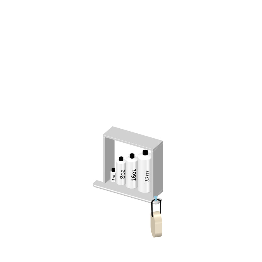 A shelf holding three bottles labeled 8 oz, 16 oz, and 32 oz, with a bar of soap hanging below on a hooked string.