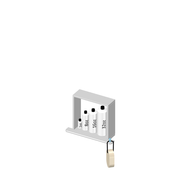 A shelf holding three bottles labeled 8 oz, 16 oz, and 32 oz, with a bar of soap hanging below on a hooked string.