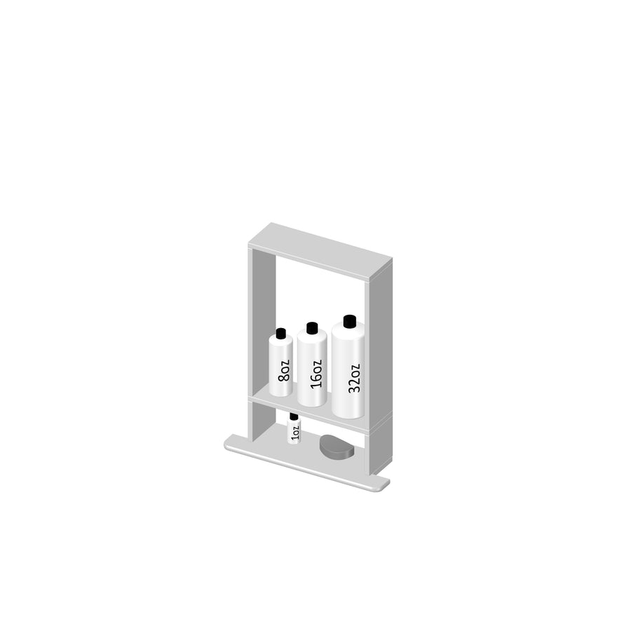 Isometric illustration of a shower shelf holding three bottles labeled 8 oz, 16 oz, and 32 oz, along with a soap bar on the lower shelf. The shelf is white and set against a plain background.