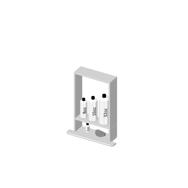 Isometric illustration of a shower shelf holding three bottles labeled 8 oz, 16 oz, and 32 oz, along with a soap bar on the lower shelf. The shelf is white and set against a plain background.