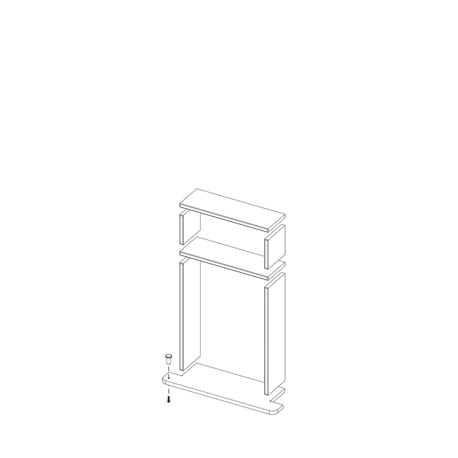 Black and white illustration of the Boundless 12x20 Niche shelving unit partially assembled, with a bottom panel being attached to an upright frame using a screw and dowel, plus two shelves and pre-cut finishing pieces in place.
