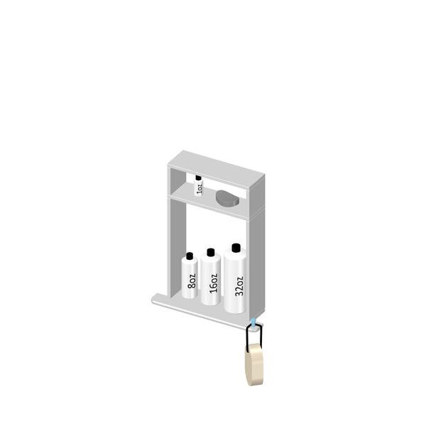 A white wall-mounted bathroom shelf holds three bottles labeled 8 oz, 16 oz, and 32 oz. A fourth small bottle sits on the top shelf, and a bar of soap hangs from a hook on the right side.