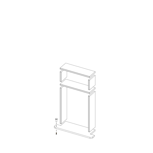 Black and white illustration of the Boundless 12x20 Niche shelving unit partially assembled, with a bottom panel being attached to an upright frame using a screw and dowel, plus two shelves and pre-cut finishing pieces in place.