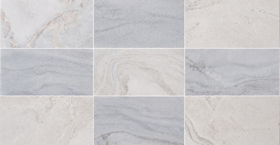 Nine rectangular tiles arranged in a grid, each featuring the Blue Horizon 12x24 Honed Marble Tile's blue marbled pattern and refined stone textures, evoke the elegance of honed marble.