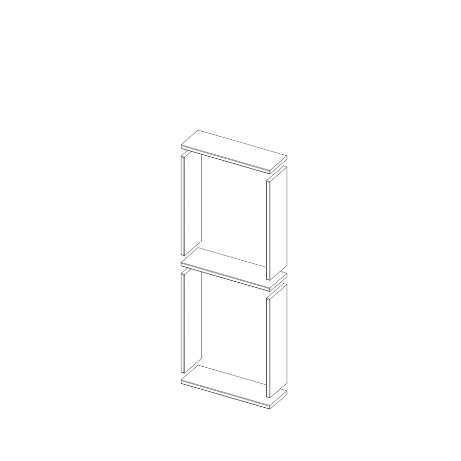 A black and white line drawing depicts a simple, two-shelf open bookcase with rectangular side panels, resembling the Boundless 12x28 Niche, shown from a slightly angled perspective.