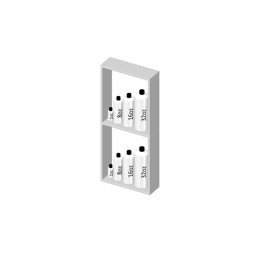 Isometric illustration of a gray shelf holding white bottles in three sizes, labeled 8 oz, 16 oz, and 32 oz, organized neatly on two shelves with black caps facing outward.