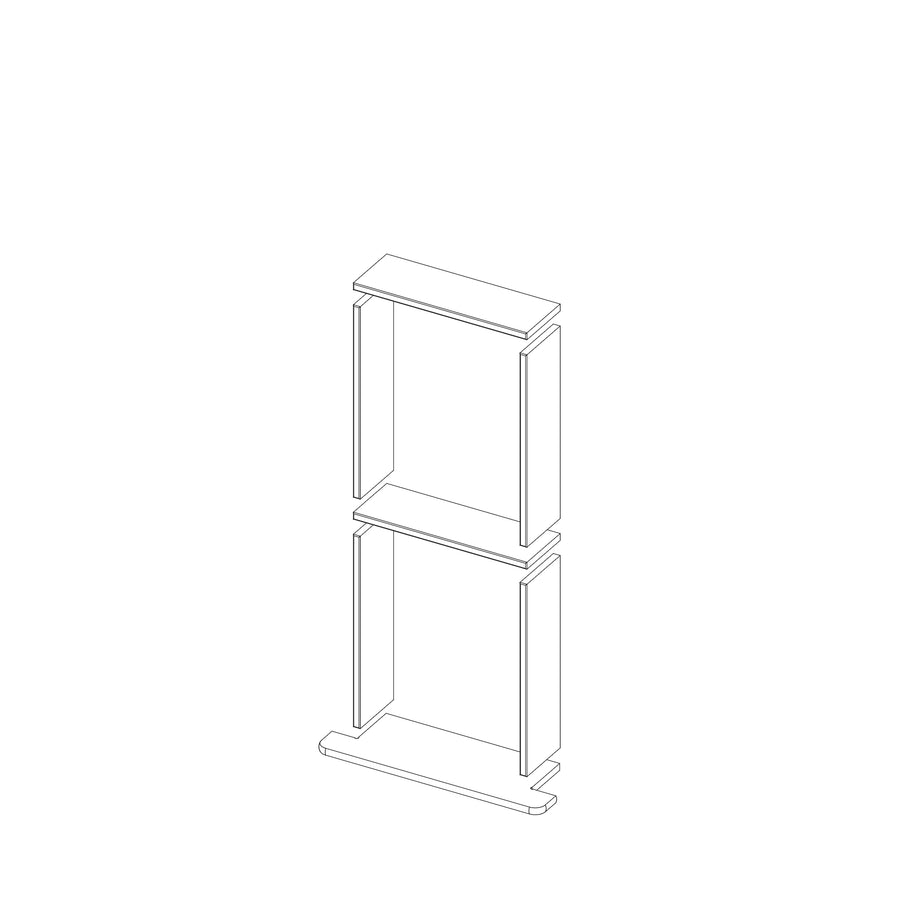 A black and white isometric line drawing of the Boundless 12x28 Niche, featuring two stacked rectangular shelves with pre-cut finishing pieces, displayed against a plain white background.