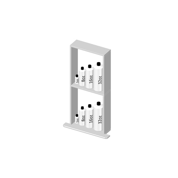 An isometric shelf holds six white bottles with black caps, labeled 8 oz, 16 oz, and 32 oz, arranged on two shelves against a white background.