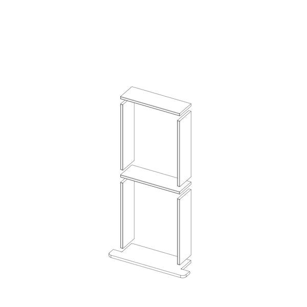 A black and white isometric line drawing of the Boundless 12x28 Niche, featuring two stacked rectangular shelves with pre-cut finishing pieces, displayed against a plain white background.