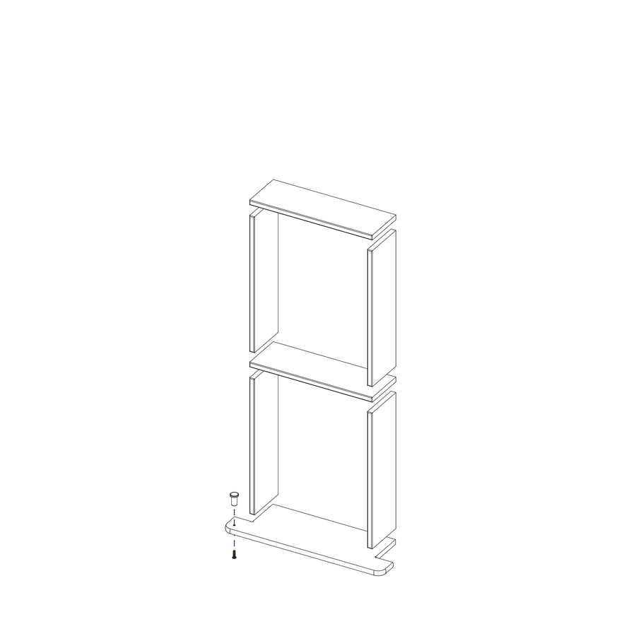 Line drawing of the Boundless 12x28 Niche shelving unit, showing two rectangular frame sections stacked, pre-cut finishing pieces displayed, and a screw poised for insertion at the base.