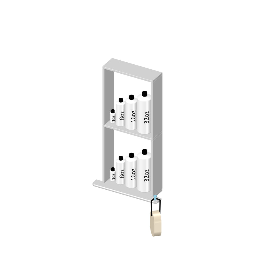 A shelf holding six bottles labeled 8 oz, 16 oz, and 32 oz, arranged on two levels, with a roll of tape hanging from the lower right side.