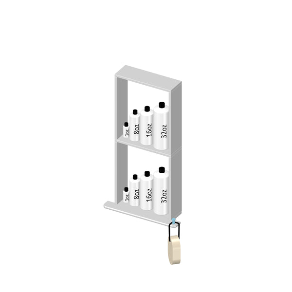 A shelf holding six bottles labeled 8 oz, 16 oz, and 32 oz, arranged on two levels, with a roll of tape hanging from the lower right side.