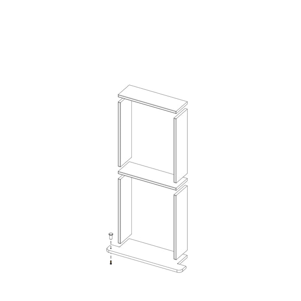 Line drawing of the Boundless 12x28 Niche shelving unit, showing two rectangular frame sections stacked, pre-cut finishing pieces displayed, and a screw poised for insertion at the base.