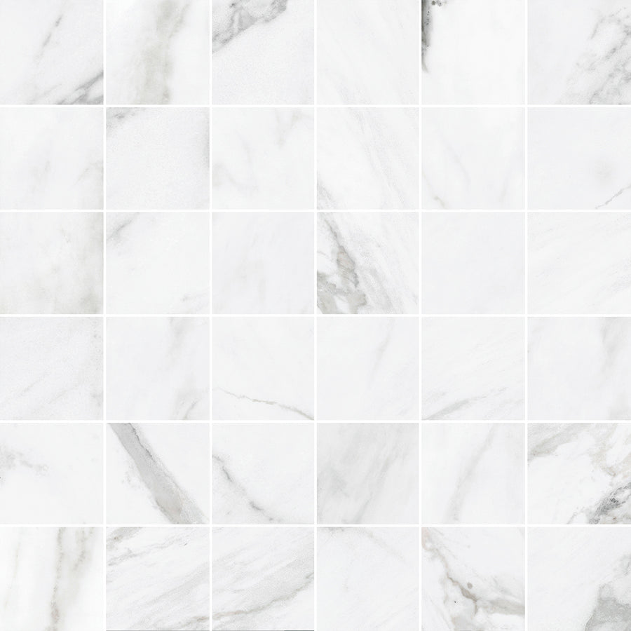 Bright Statuary 2x2 Mosaic Porcelain Tile features a grid of white tiles with subtle gray veining and natural patterns, offering a clean and elegant look.