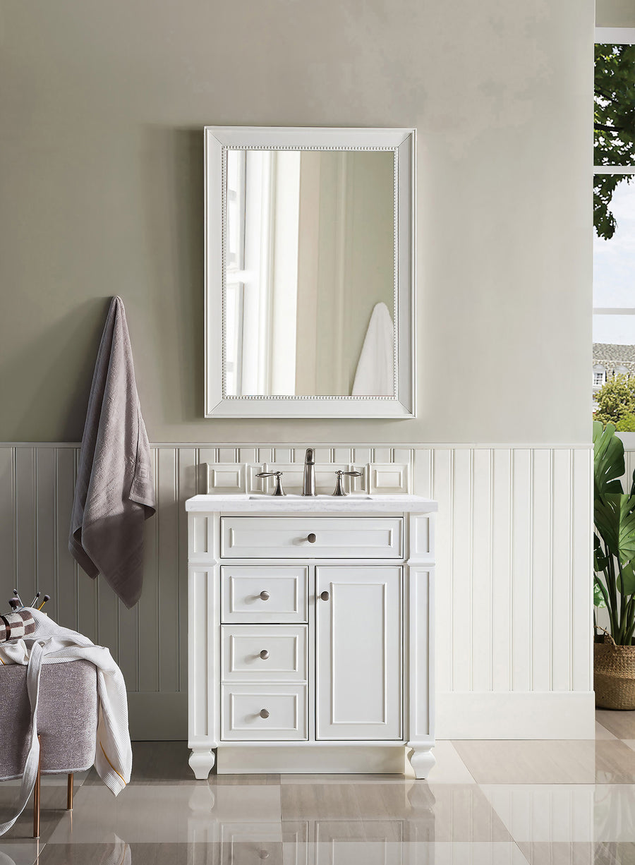 A bathroom features the Bristol 30" Vanity with a marble countertop and a rectangular mirror above. A gray towel hangs on the white-paneled wall, while plants are partly visible near the window to the right.