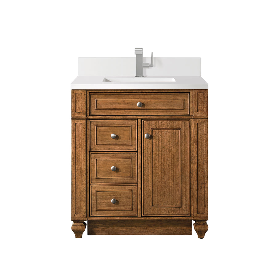 A wooden bathroom vanity with four drawers, one cabinet door, a white countertop, a rectangular sink, and a modern silver faucet, set against a plain white background.