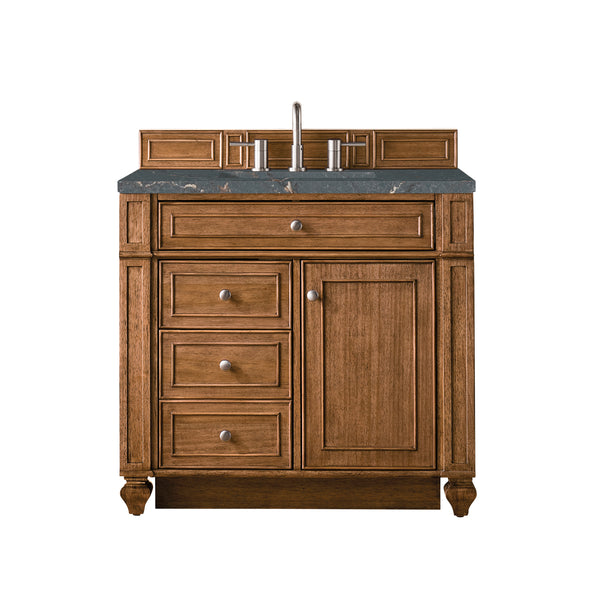 A wooden bathroom vanity with four drawers, one cabinet door, a marble countertop, a built-in sink, and a metal faucet. The backsplash features matching wood paneling.