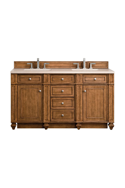 Double bathroom vanity with a wooden finish, featuring two sinks, four cabinet doors, and four central drawers, with silver handles and raised panel detailing, set against a white background.