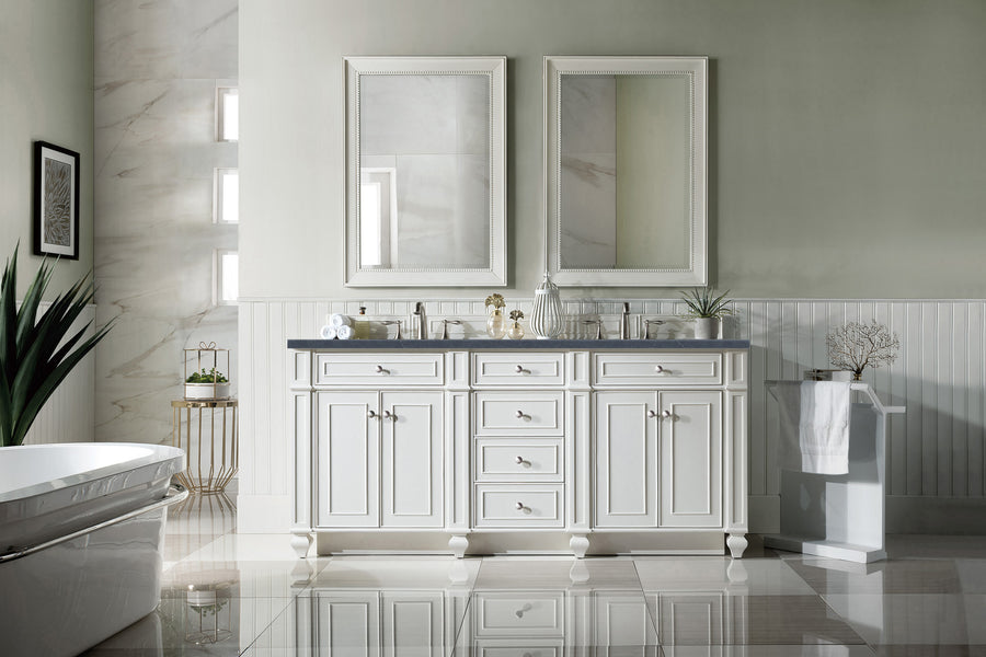 A bathroom featuring the Bristol 72" Double Bowl Vanity with white cabinets and mirrors exemplifies timeless transitional design.
