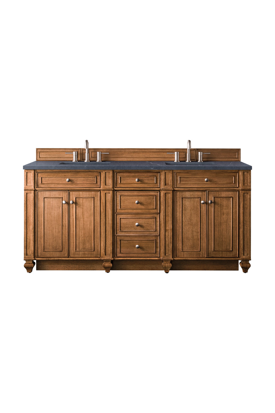 Double sink wooden bathroom vanity with a dark countertop, multiple drawers, and cabinets, featuring brushed metal handles and a traditional design, isolated on a white background.