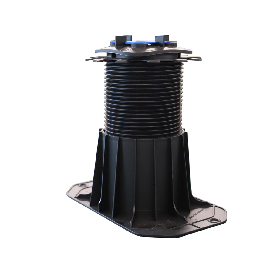 The Ardex TerraMaxx Pedestal is a black adjustable plastic support with a wide ribbed base and threaded central column, perfect for raised flooring or roof terrace systems, shown isolated on a white background.