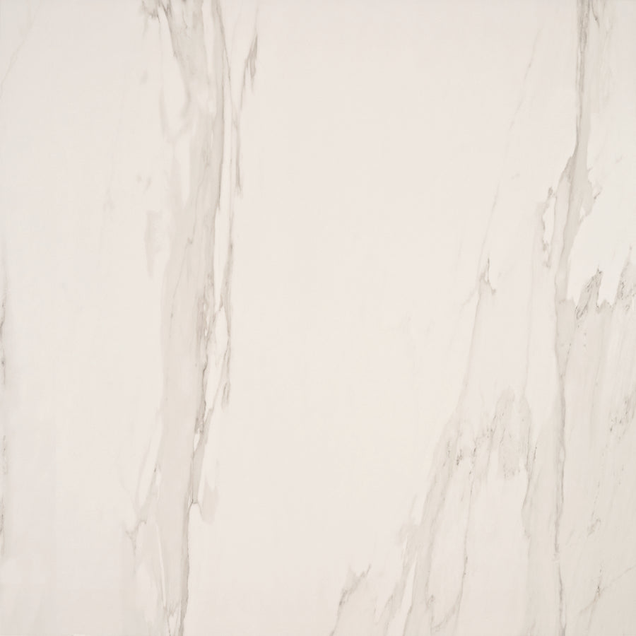 Lunara Haze 48" x 48" Rectified Tile features a polished white marble look with subtle light gray veining, providing an elegant touch ideal for modern interiors and large-format uses like countertops or flooring.