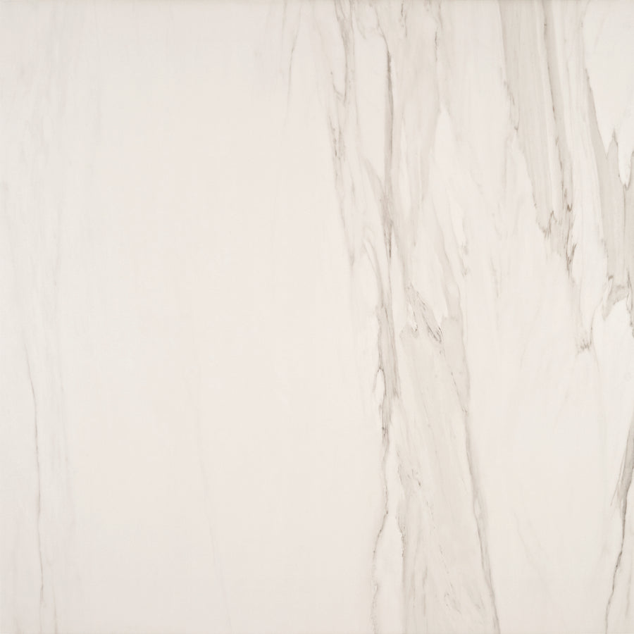 Lunara Haze 48" x 48" Rectified Tile in Naural features an off-white marble look with subtle grey vertical veining. Ideal for modern interiors, its rectified edges allow for seamless, elegant large-format installations.