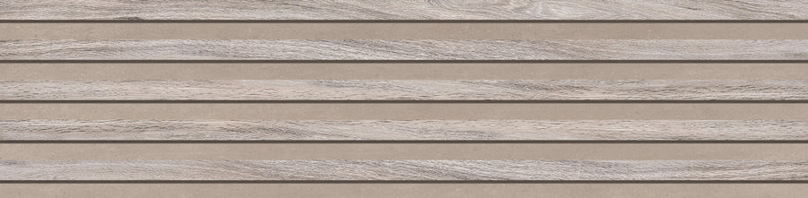 Hearth Oak Columns Rectified 12" x 48" Tile in Greyne features horizontal wood grain planks with narrow gaps and a light, weathered texture, with a beige background visible through the spaces.