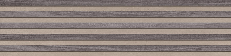 The Hearth Oak Columns Rectified 12" x 48" Tile in Sunset features horizontal alternating stripes of textured wood grain and smooth beige stone, creating a modern geometric pattern reminiscent of porcelain tiles.