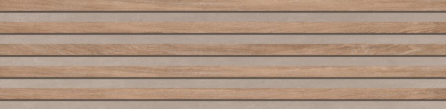 Modern, minimalist design featuring alternating light brown wooden plank patterns with smooth gray concrete strips, enhanced by Hearth Oak Columns Rectified 12" x 48" Tile in Natural for added texture and visual interest.