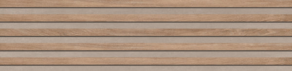 Modern, minimalist design featuring alternating light brown wooden plank patterns with smooth gray concrete strips, enhanced by Hearth Oak Columns Rectified 12
