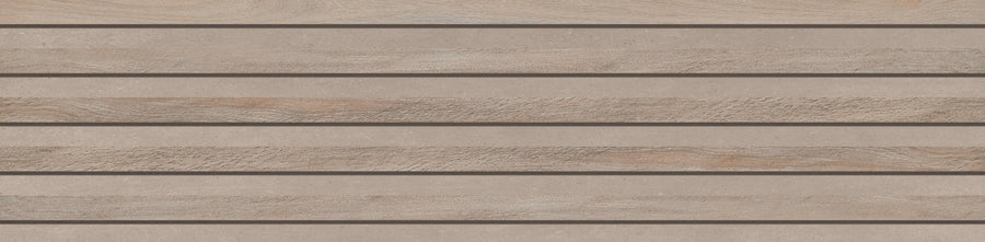Close-up of Hearth Oak Columns Rectified 12" x 48" Tile in Sunrise, featuring alternating horizontal strips of light brown wood grain and smooth beige porcelain, creating parallel lines and contrasting textures.