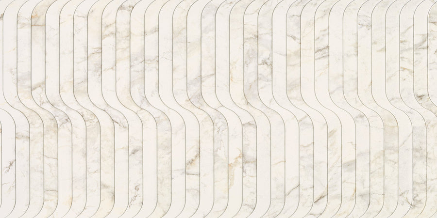 The Tuscany Oro Deco 24" x 48" Tile in Stream features a white marble look with light brown veining and evenly spaced, wavy horizontal grooves, reflecting exceptional Italian craftsmanship and a flowing, undulating design.