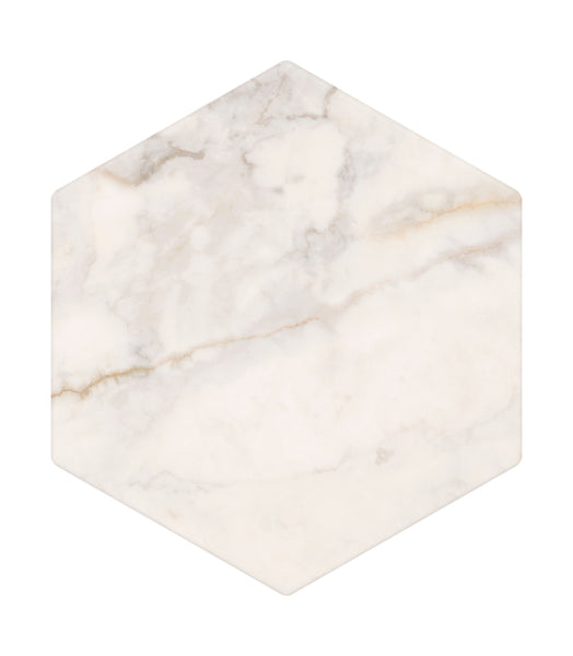 Tuscany Oro Hex Tile features a hexagonal shape and natural color with white marble pattern, light gray and beige veining, and a smooth surface—an elegant choice for luxurious spaces.