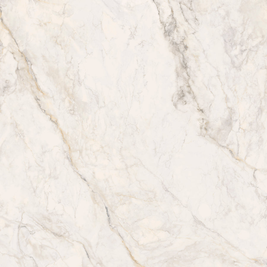 The Tuscany Oro 48" x 48" Polished Tile features a light marble look with subtle gray and beige veining, offering a natural, elegant surface ideal for countertops, flooring, or decorative finishes.