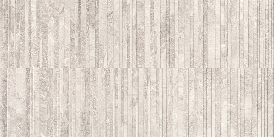 White Mystic Veil Horizons Deco Tile features a light gray textured surface with horizontal, unevenly spaced lines and subtle shading, evoking elegant stone or wood paneling and capturing the timeless sophistication of Deco Tile design.