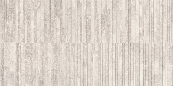 White Mystic Veil Horizons Deco Tile features a light gray textured surface with horizontal, unevenly spaced lines and subtle shading, evoking elegant stone or wood paneling and capturing the timeless sophistication of Deco Tile design.