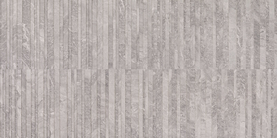 The Veil Horizons Deco Tile in Mystic features a gray stone look with horizontal stripes, thin uneven lines, and varied textures, offering a sophisticated palette and timeless style inspired by classic Deco design.