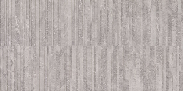 The Veil Horizons Deco Tile in Mystic features a gray stone look with horizontal stripes, thin uneven lines, and varied textures, offering a sophisticated palette and timeless style inspired by classic Deco design.