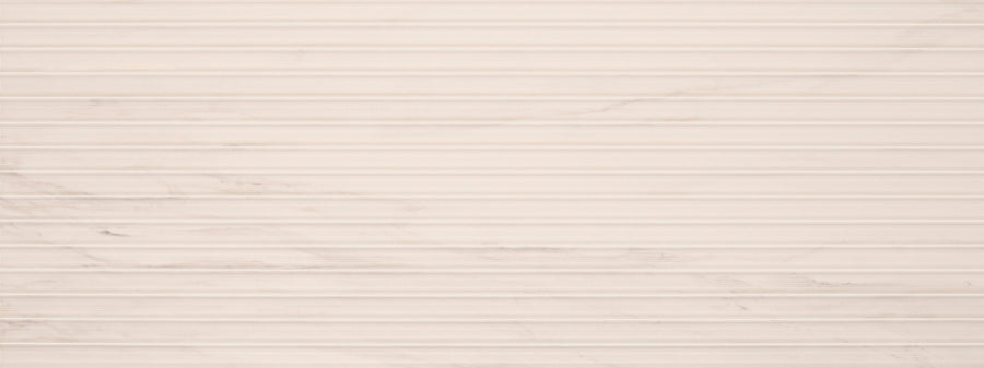 Lunara Haze Deco 18" x 48" Tile features a matte beige marble surface with subtle light gray veining and faint vertical grooves. Perfect for modern accent walls, it blends a smooth stone look with evenly spaced ridges.