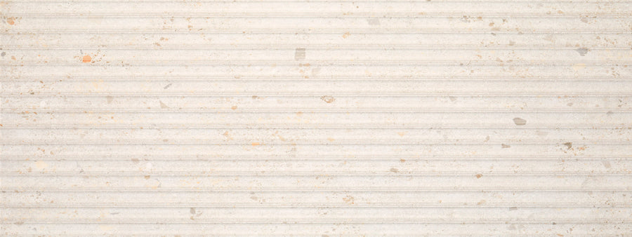 Strata 18" x 48" Deco Tile in Lava White features a linear pattern with subtle vertical stripes and brownish accents, creating a worn, textured look—perfect for an eye-catching feature wall.