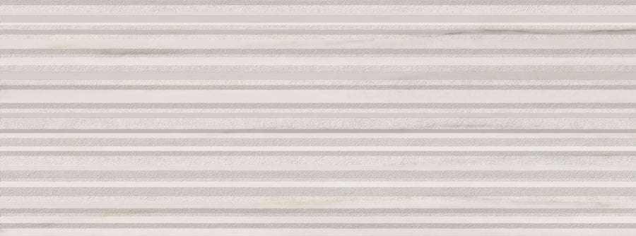 The Lunara 18" x 48" Deco Rectified Tile in Matte features evenly spaced beige and light gray horizontal stripes with alternating smooth and textured finishes, creating a minimalist, modern look for any space.